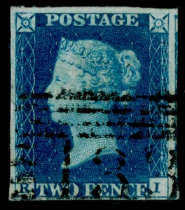 GB QV SG4, ESCASO 2d azul profundo completo PL 2, USADO BIEN. Cat £2000. RI ESCOCESA 1844 - Imagen 1 de 1