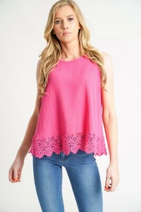 New Italian Ladies Crochet Hem Sleeveless Lagenlook Casual Comfy Summer Vest Top - Picture 1 of 34