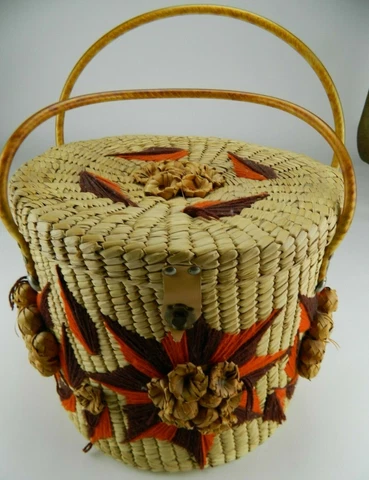 Vintage X-Large 12" Round Orange Brown Floral Basket with Lid and Handle Cover