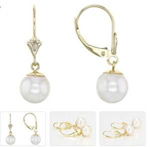 White Cultured Japanese Akoya Pearl 14k Yellow Gold Earrings 8-8.5mm NEW - Picture 1 of 4