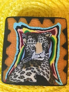 Interesting Handcrafted Brooch, Abstract Leopard Painted On Leather - Picture 1 of 6