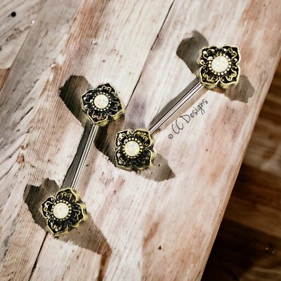 14g White Sparkle Faux Opal Burnished Gold IP Filigree nipple rings J187 - Image 1 of 3