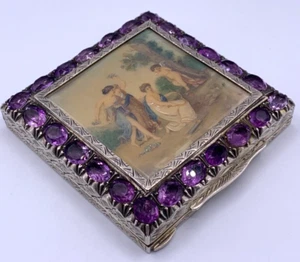 ANTIQUE XIX -XX C. GILDED STERLING SILVER & 24 NATURAL AMETHYSTS BOX - Picture 1 of 12