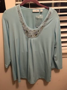 NWOT Sz XS Susan Graver Beautiful Blue Knit w/ Rhinestones, 3/4 Sleeve - Bild 1 von 2