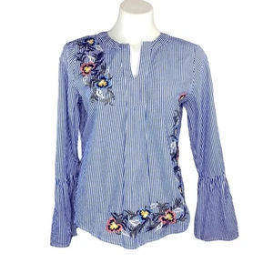 Caslon women's blue white striped top floral embroidery bell sleeve size small - Picture 1 of 7