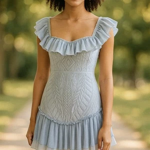 Saints And Secrets Romantic Blue On/Off The Shoulder Ruffled Dress Elegant - Picture 1 of 18