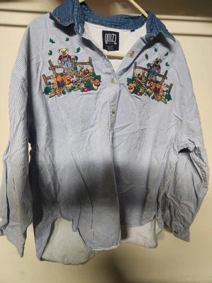 Camisa Blusa De Colección Quizz New York Mujer Talla 24 Algodón Denim THANKSGIVING Foto 1 de 4