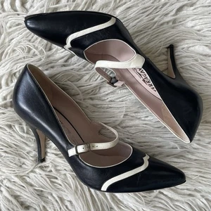 Salvatore Ferragamo pelle colorblock nero avorio Mary Jane punta pompa 8,5 - Foto 1 di 12