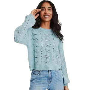 American Eagle Wool Blend Crochet Open Knit Sweater Teal Whimsy Fairy Coquette M - Picture 1 of 12