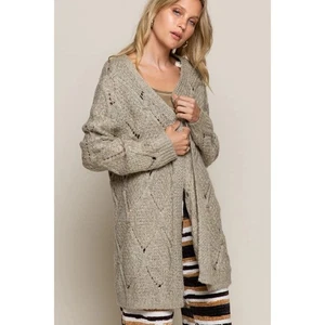 POL Womens Large Fuzzy Knit Cardigan Sweater Open Front Chunky Brown Cozy Soft L - Picture 1 of 8