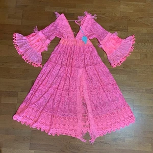 Antica Sartoria Dress Womens Maxi Lace Pink Flare Fringe Tassle Boho Beach NWT - Picture 1 of 18