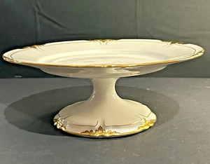 Antique Balleroy & Cie Limoges Porcelain 9”Pedestal Cake Stand White w/Gold Trim - Picture 1 of 8