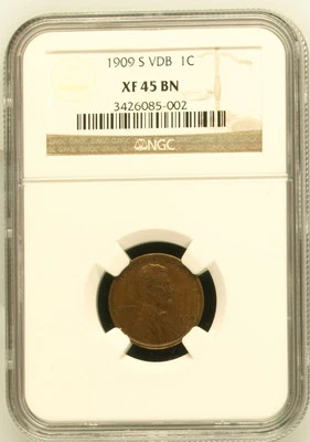 1909 S Small Cents Lincoln, Wheat Ears Reverse NGC XF-45 BN - Image 1 of 2