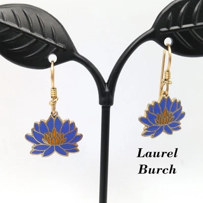 Vintage Laurel Burch Blue Orange Lily Earrings, Enamel Cloisonne, Gold Plated - Image 1 of 4