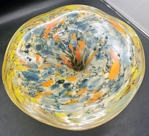 Murano Style Blown Art Glass Centerpiece Bowl 13” Yellow Orange Gold Aventurine - Picture 1 of 16