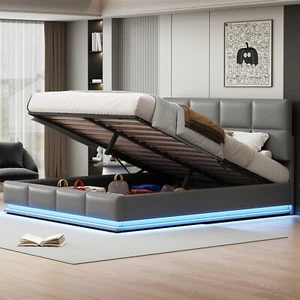 LED Polsterbett 180x200 cm Kunstlederbett Doppelbett Bettgestell mit Bettkasten - Bild 1 von 12
