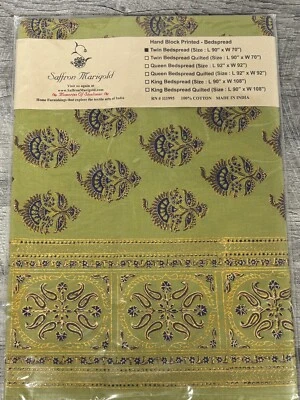 "Colcha doble 90"" X 70"" ropa de cama india de lujo impresa a mano caléndula azafrán" Foto 1 de 4