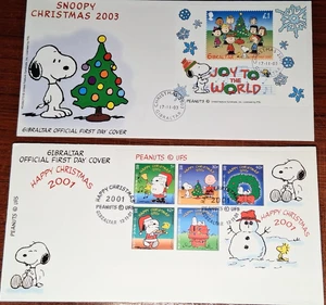 2x Snoopy Peanuts Christmas FDCs Gibraltar 2001 & 2003 - Ships from USA - Rare - Picture 1 of 3