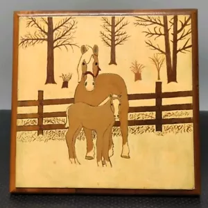 Primitive Wood Engraved Horse & Foal 8½" X 8¼" Picture W/Stand "Doc Taylor 1993" - Picture 1 of 8