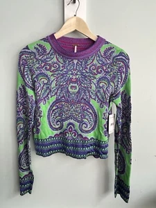 Neu mit Etikett Free People New Age grün/lila langärmliger Damenpullover Paisley Gr. XS - Bild 1 von 7