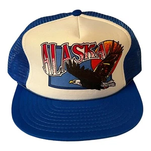 Vtg Alaska Eagle Trucker Hat 80's Snapback Mesh Cap Designer Award Headwear Blue - Picture 1 of 4
