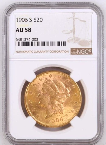 Gorgeous NGC AU58  1906-S Gold $20 Liberty Head Double Eagle U.S. Coin Cover