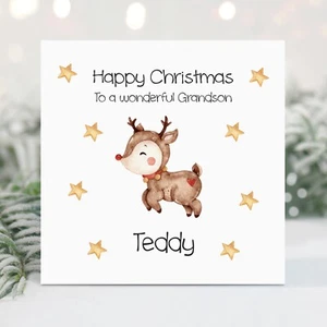 Handmade Personalised Baby Christmas Card Little Boy Son Grandson Reindeer - Picture 1 of 3
