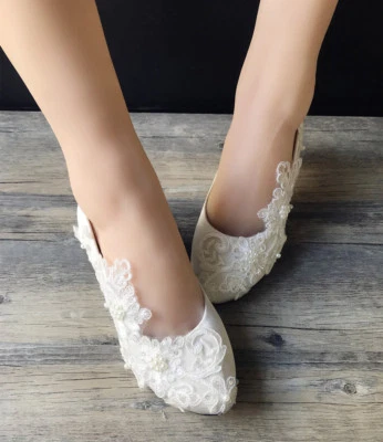 Lace white ivory Sequins Wedding shoes Bridal flats low high heel pump size 5-12 - Image 1 of 4