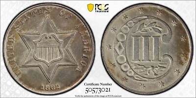 1862/1 Silver THREE CENT *PCGS AU* RARE Overdate *FAST FREE SHIPPING!! - Image 1 of 4