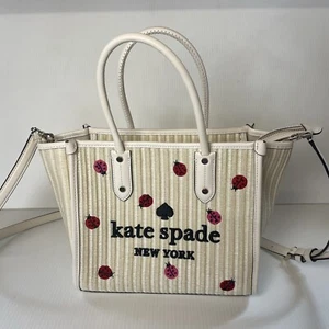 Kate Spade Ella Small Tote KA637 Embroidered Straw Ladybug Crossbody Bag Dottie - Picture 1 of 17