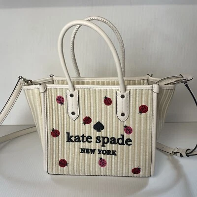 Kate Spade Ella Small Tote KA637 Embroidered Straw Ladybug Crossbody Bag Dottie - Image 1 of 4