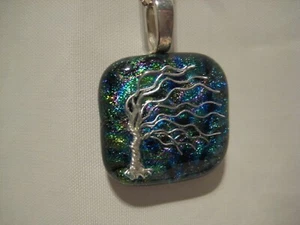 Glass Blowing Tree Metallic Pendant 1 inch Square Silver Hanger & 18” 925 Chain - Picture 1 of 5