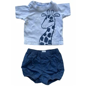 H and M Outfit Shirt and Shorts Baby Boys 2M Blue Giraffe Knit Casual Print - Picture 1 of 8