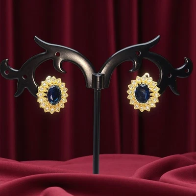 Luxuriöse Damen Mädchen Creole Edel 14K Gelbgold vergoldet Blau Zirkonia #87 - Bild 1 von 4