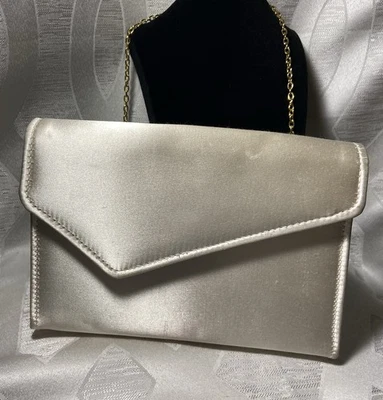 Vintage Asymmetrical Ivory Satin “Chiara” Shoulder Purse/Handbag W/Gold Chain - Image 1 of 4