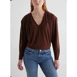  Express Skimming V-Ausschnitt Langarm Plissee Schulter Top Braun Damen Gr. XL - Bild 1 von 10