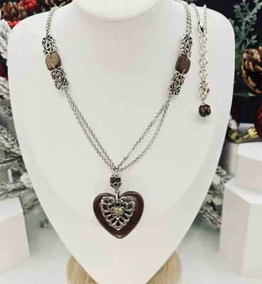 Brighton Wooden Heart Pendant Necklace Double Chain Silver-Tone Filigree 36” - Image 1 of 4