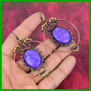 Halloween Sale Charoite Gemstone Dangling Wire Wrapped Ethnic Earrings Copper - Picture 1 of 6