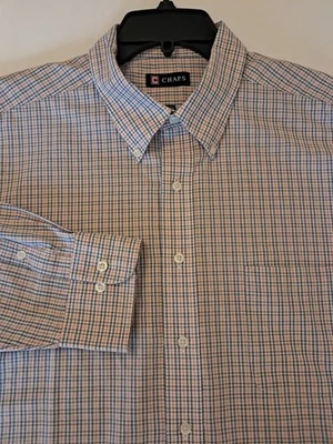 Chaps Mens Sz 17.5 34-35  Shirt Wrinkle Free Classic Fit Plaid White Blue Orange - Image 1 of 4