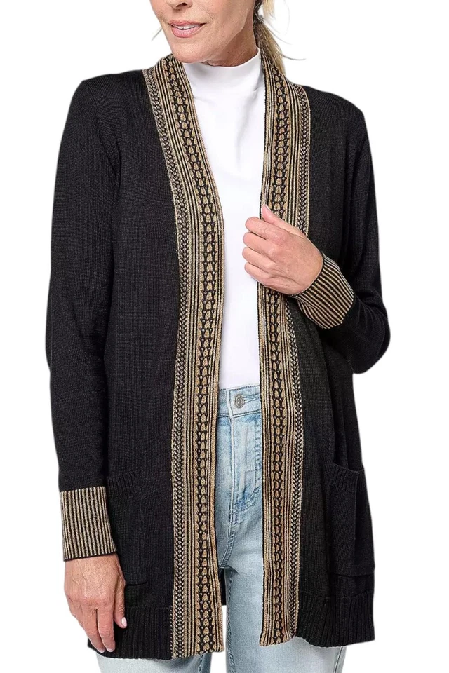 Isaac Mizrahi Live! Cárdigan para mujer Estate línea A con ribete de cable negro Foto 1 de 1