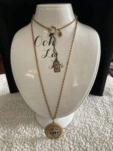 JUICY COUTURE Crown Photo Locket Necklace 36" Gold Silver Distress Antique Metal - Picture 1 of 13