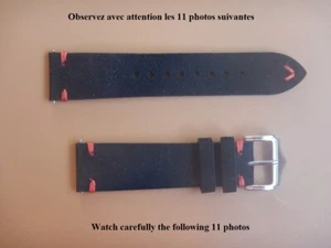 22 mm BRACELET NOIR VACHETTE VÉRITABLE NUBUCK COUTURE ROUGE INTERCHANGEABLES - Imagen 1 de 12