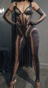 Black Gold Sequins Jumpsuit Glove Outfit Dance Show Stage Wear Celebrate Costume - Picture 1 of 14