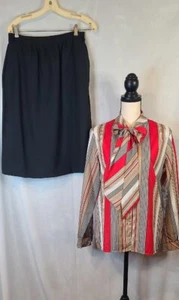 70s Vintage Country Suburbans Red/White/Black/Brown Striped Blouse And Skirt 14 - Picture 1 of 19