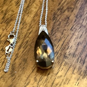 Brazilian Smoky Quartz and  Natural White Zircon Drop Pendant Necklace 18 In - Picture 1 of 8