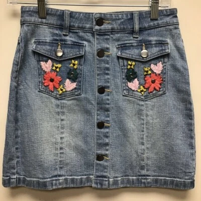 Rebecca Minkoff Mujer Línea A Falda Azul Mini Denim Bordado Botón Frontal S Foto 1 de 4