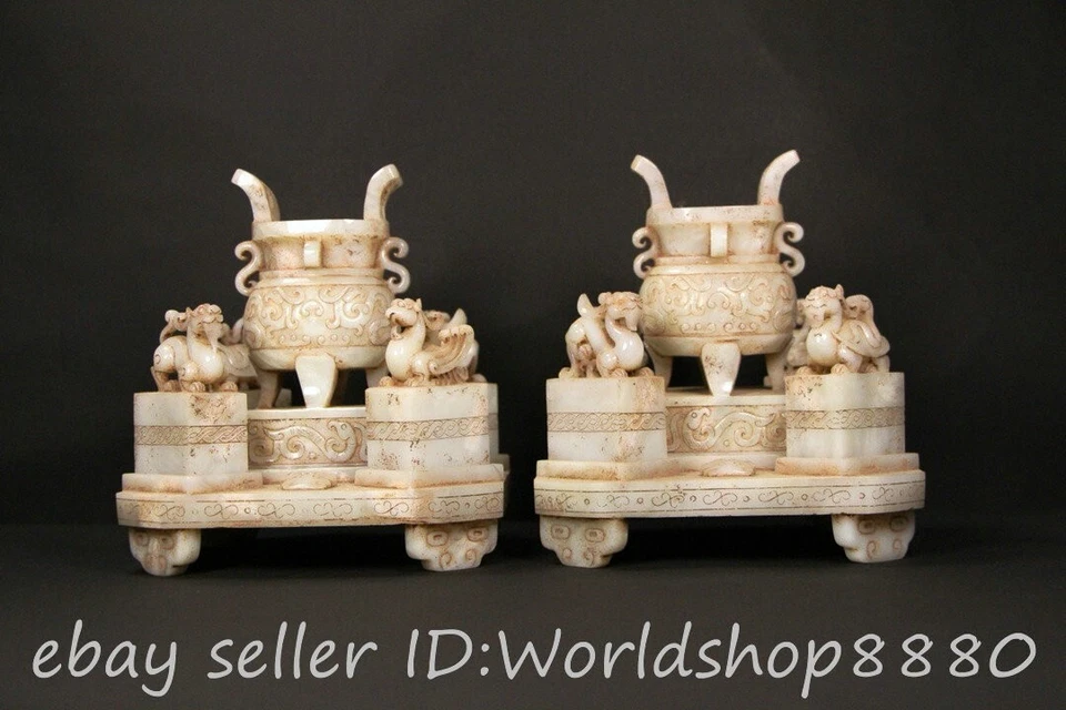 7" Old Chinese Hetian Jade Nephrite Dragon Seal Signet incense burner Set - Image 1 of 4