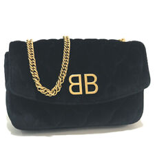 BALENCIAGA 526682 Pochette BB logo Quilted Shoulder Bag Black Velour