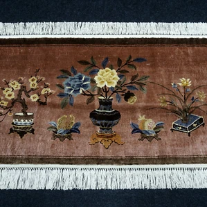 Seidenteppich China 102 x 57 cm Seide Orient teppich Vasen Motiv Handgeknüpft - Bild 1 von 10