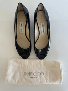 Jimmy Choo Black Patent Leather Bergen Peep Toe Wedges US 9 EUR 39 - Picture 1 of 6